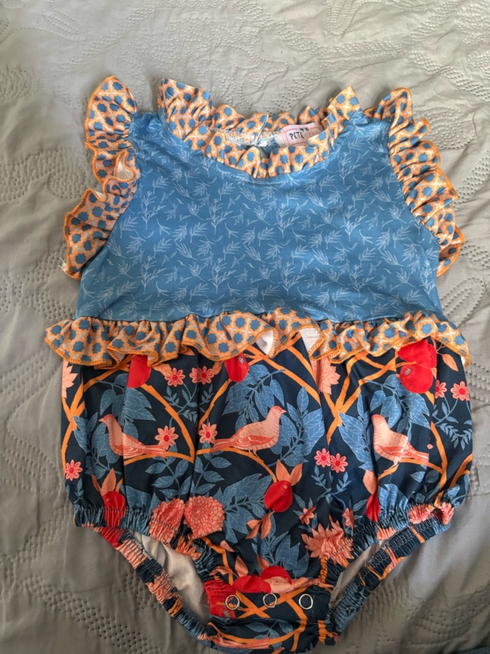 Blue & Orange Floral Bird Ruffle One-Piece for Kids